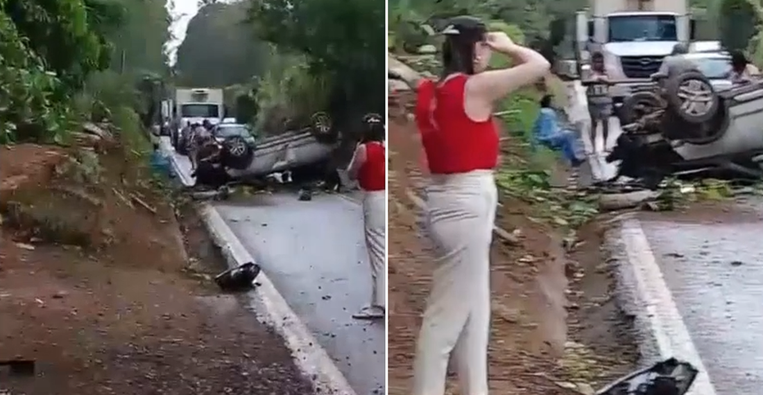 Aparatoso accidente con un vehículo volcado.