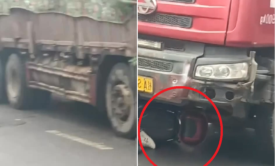 Quedó entre el asfalto y el camión.